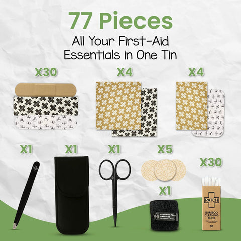 Patch Eco First Aid Kit tin, front view; 77-piece set with latex-free bandages, scissors, tweezers, and storage pouch