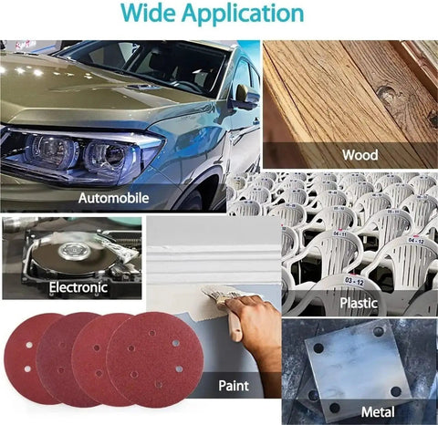 Image showcasing Six Inch 150 Mm Sanding Discs With Hook And Loop Aluminum Oxide Grits From 60 To 2000 for wood, metal, and plastic surfaces.