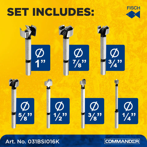 Image of Wave Cutter Forstner Drill Bit Set 7 Piece Pro Grade Woodworking Kit With Smooth Wave Cutting For Splinter Free Finishes, Forged Premium Steel Bits Made In Austria From Quarter Inch To One Inch, showing each drill bit with sizes from 1 inch to 1/4 inch on a yellow background.