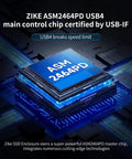 Close-up of ZIKE ASM2464PD USB4 control chip, showcasing cutting-edge technology for Zero Hassle Usb 4 M2 Nvme Ssd Enclosure.