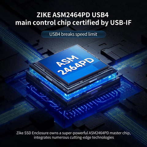Close-up of ZIKE ASM2464PD USB4 control chip, showcasing cutting-edge technology for Zero Hassle Usb 4 M2 Nvme Ssd Enclosure.