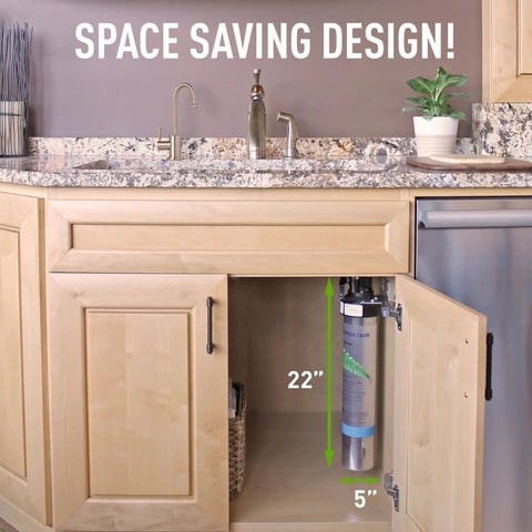H 300 HSD Quick Change Filter Cartridge For Home Drinking Water Systems under kitchen sink, showing space-saving design.