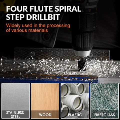 Power drill using Four Spiral Flute Step Drill Bit Set 3/16 Inch To 1-3/8 Inch Range With 1/4 Inch Shank HSS Unibit for metal