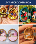 Collage of four DIY microcosm boxes with tiny detailed scenes inside, encapsulating colorful miniature elements.