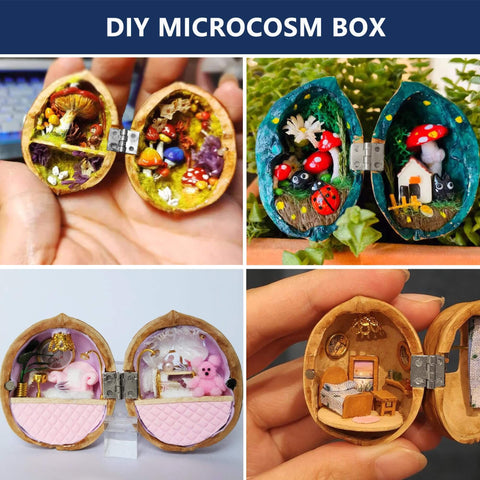 Collage of four DIY microcosm boxes with tiny detailed scenes inside, encapsulating colorful miniature elements.