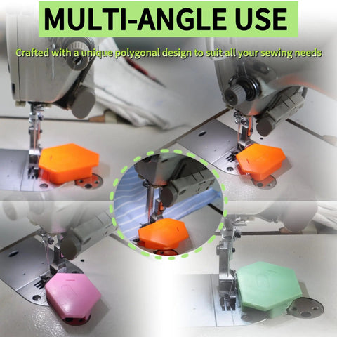 Multi-angle views of Magnetic Seam Guide Set For Sewing Machines Upgraded Polygonal Hemmer With Scale 3-Pack in use