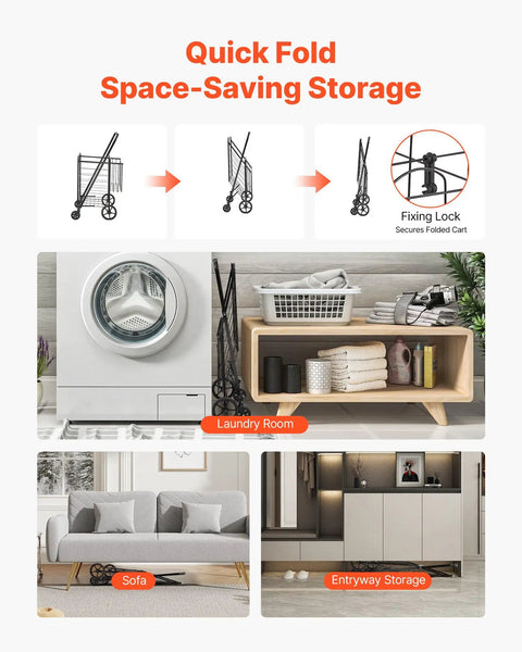 Folding Shopping Cart With Heavy Duty Metal Frame, 110 Lb Load Capacity, stored compactly in laundry room, under sofa, entryway