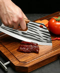 Person using Two Piece Meat Cleaver Knife Set For Cutting Meat And Vegetables, Pro Grade Carbon Steel Cleavers, on cutting board