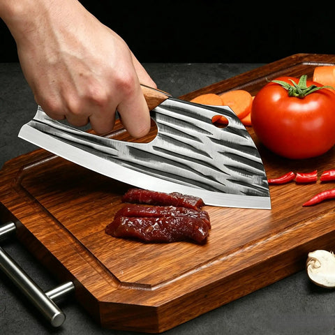 Person using Two Piece Meat Cleaver Knife Set For Cutting Meat And Vegetables, Pro Grade Carbon Steel Cleavers, on cutting board