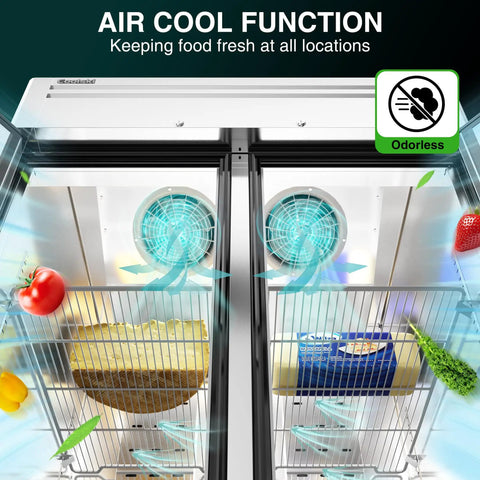 Air cool function inside Straight Up Heavy Duty 72 Cu Ft Three Door Reach In Upright Commercial Freezer showcasing food freshness.
