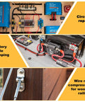 Beefy 10 Ton Hydraulic Crimping Tool Set in use for circuit repair, battery cable crimping, and wire rope compression on railings.
