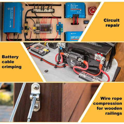 Beefy 10 Ton Hydraulic Crimping Tool Set in use for circuit repair, battery cable crimping, and wire rope compression on railings.