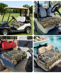 Four golf carts with Two Seater Golf Cart Seat Covers Microfiber Towel Blanket With Vintage Car Engine Print, 51x31 Inches.