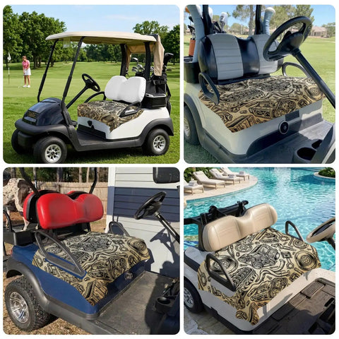 Four golf carts with Two Seater Golf Cart Seat Covers Microfiber Towel Blanket With Vintage Car Engine Print, 51x31 Inches.