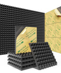 Heavy Duty Acoustic Pyramid Soundproof Foam Panels For Wall Noise Reduction Self Adhesive Dampening Tiles For Home Studio, stacked and flat view.