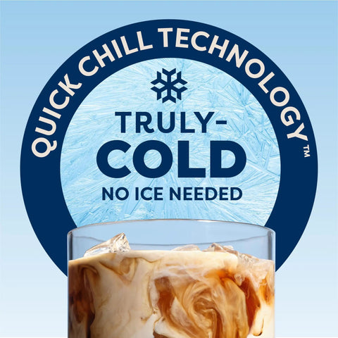 Glass of iced coffee with QuickChill technology label, "Truly Cold, No Ice Needed."