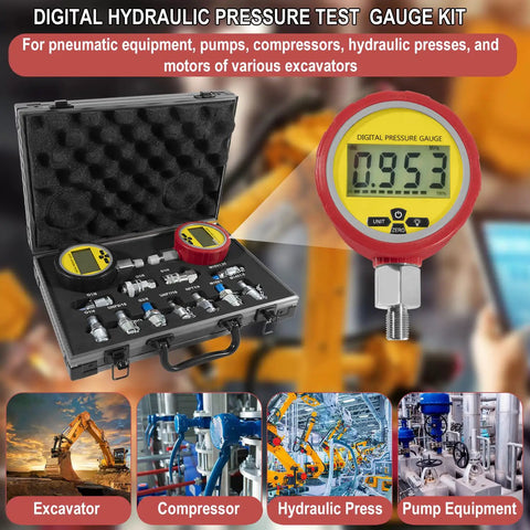 Heavy Duty Hydraulic Pressure Test Kit With Digital Gauges 10000 PSI And 70 MPa 11 Couplings 2 Test Hoses Versatile Excavator And Construction Machinery Hydraulic System Diagnostic Tool For Maintenance And Safety in open case