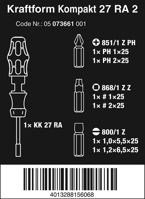 Diagram of Ratcheting 7 Pc Screwdriver Set With 1 Quarter Inch Drive and various bit sizes on black background.