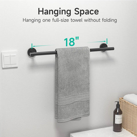 Matte Black 5 Piece Bathroom Accessories Set For Wall Mounted Use Including 18 Inch Hand Towel Bar With Towel, Modern Style.