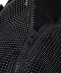 Close-up of black mesh material and zipper on Rugged 30 Inch Diving Gear Mesh Bag For Scuba And Snorkeling Gear Duffle With Pocket