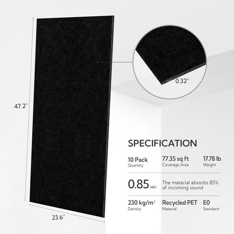 Acoustic Wall Panels 10 Pack For Home Studio And Office, Noise Blocking Sound Absorbing Plain Black Felt Panels, 47 By 23 Inches Each, Recycled PET Material, Covers About 77.35 Sq Ft, showing specifications and dimensions.