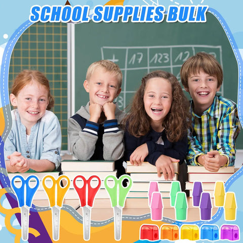 Back To School Essentials Kit 360 Pcs For Kids Featuring Pencil Top Erasers, Student Scissors, And Miniature Pencil Sharpeners