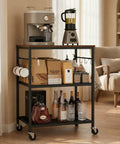Smooth Rolling 3 Tier Kitchen Microwave Cart Sturdy Steel Build Easy Glide Casters Coffee Bar Station with drinks and mugs.