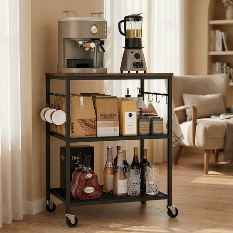 Smooth Rolling 3 Tier Kitchen Microwave Cart Sturdy Steel Build Easy Glide Casters Coffee Bar Station with drinks and mugs.