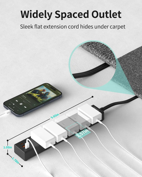 Ultra Thin Flat Plug Power Strip With 6 Foot Cord, 5 Outlets And 3 USB Ports Including 2 USB C, 1700 Joules Surge Protector on floor
