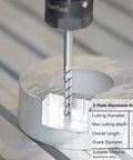 SpeTool 3-flute carbide end mill with 1/4 in shank cutting aluminum in a metal block (front view)