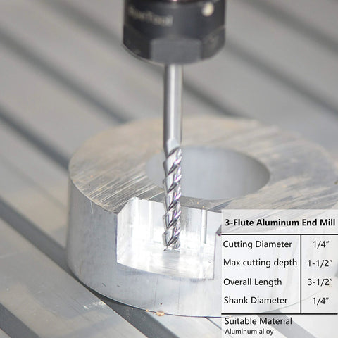 SpeTool 3-flute carbide end mill with 1/4 in shank cutting aluminum in a metal block (front view)