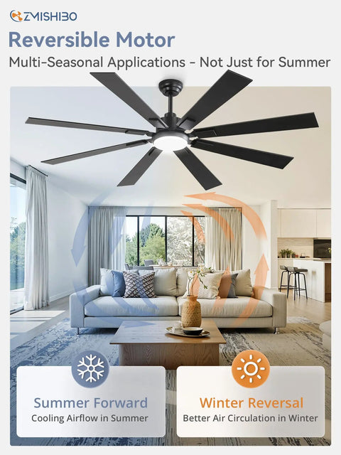 65 Inch Ceiling Fan With Lights And Remote Black Finish in modern living room with reversible DC motor, summer forward cooling.