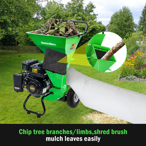 3 In 1 Wood Chipper Shredder Mulcher MF30 Heavy Duty Gas Powered 7HP 212cc With 3 Inch Capacity in yard with debris bag