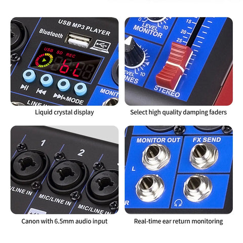 Close-up of SI Series Portable Recording Mixer with USB, Bluetooth, faders, inputs, and monitoring controls in use.
