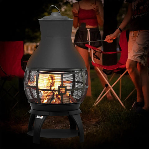 Compact Wood Burning Chiminea Fire Pit For Outdoors, Small Patio Outdoor Fireplace, 17.7 Inches, Cast Iron, campout setting