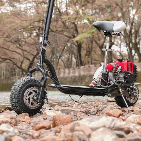 Off-road scooter with 3.00-4 tires and inner tubes, TR87 valve stem, shown in rocky terrain