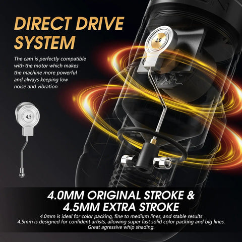 Wireless Rotary Tattoo Pen Kit With Brushless Motor Dual Batteries 4.0 To 4.5mm Stroke Direct Drive System Diagram