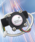 3.5-24V DC Water Flow Sensor YF-S201 Flowmeter, black plastic body with wires, G1/2 thread, for DIY projects.