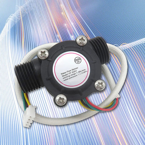 3.5-24V DC Water Flow Sensor YF-S201 Flowmeter, black plastic body with wires, G1/2 thread, for DIY projects.