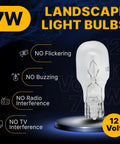 12 Volt 7 Watt T5 Landscape Light Bulb displayed with features like no flickering, buzzing, radio, or TV interference
