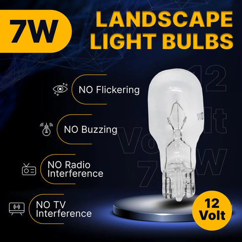12 Volt 7 Watt T5 Landscape Light Bulb displayed with features like no flickering, buzzing, radio, or TV interference