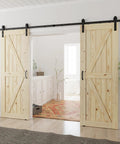 Unfinished 30x84 Inch Double Barn Door With 10ft Sliding Hardware Kit Included, Solid Spruce Wood, Easy Assembly, installed interior
