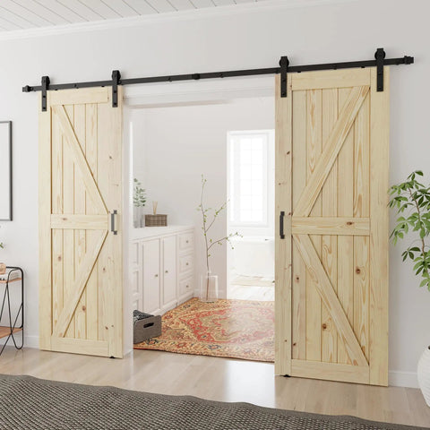 Unfinished 30x84 Inch Double Barn Door With 10ft Sliding Hardware Kit Included, Solid Spruce Wood, Easy Assembly, installed interior