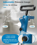 Heavy Duty Air Toilet Plunger And Drain Auger Featuring A Smart Real Time Pressure Gauge showing 1-8 Bar settings for clogs.