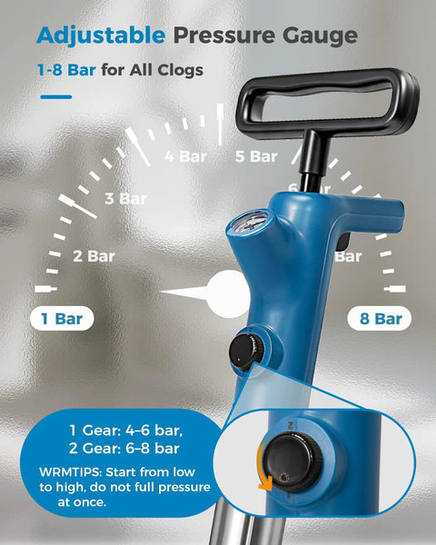 Heavy Duty Air Toilet Plunger And Drain Auger Featuring A Smart Real Time Pressure Gauge showing 1-8 Bar settings for clogs.