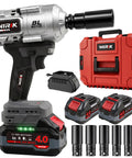 Badass 21V Cordless Impact Wrench With Brushless Motor Offers Killer Torque Up To 737 Foot Pounds To Crush Rusted Lug Nuts And Stubborn Bolts Like A Pro Without Any Sweat On Daily Auto Work Or Heavy Garage Projects, showing wrench, battery, sockets, and carrying case.