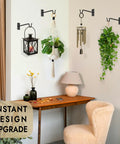 Heavy Duty Wrought Iron Plant Hanger Set Of Two For Indoor Or Outdoor Use Metal Wall Bracket Hooks with plants, lantern, wind chime hanging on wall