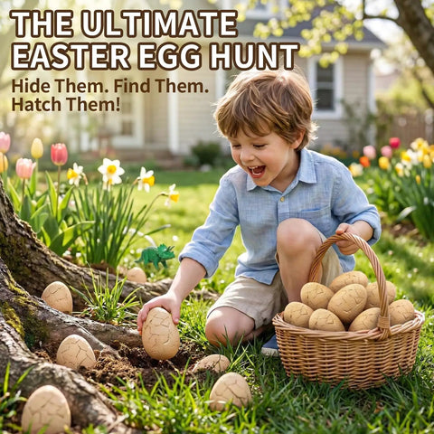Child outdoors with 24 Dino Eggs Dig Kit For Kids With Magnifier And Excavation Tools, STEM Dino Egg Discovery Set For Boys And Girls