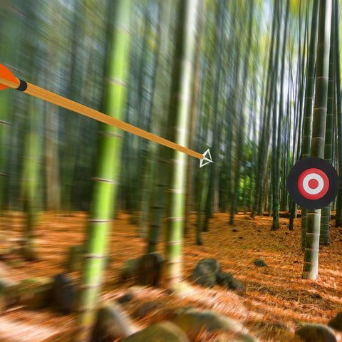 Round EVA Foam Arrow Target For Archery Training in bamboo forest with arrow in flight toward target