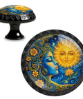 4 Pack Celestial Sun Moon Floral Crystal Glass Cabinet Knobs Pulls With Glowing Gold Swirls showing blue and gold design.